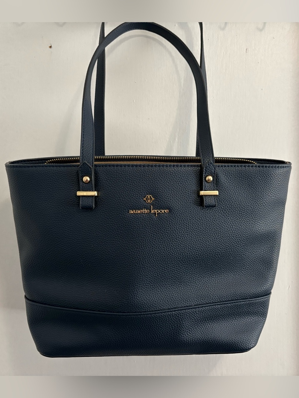 Nanette Lepore Navy Zip-Top Tote with Gold Hardware